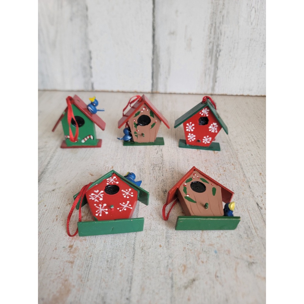 Vintage wooden birdhouse bird ornament Xmas set spring unique